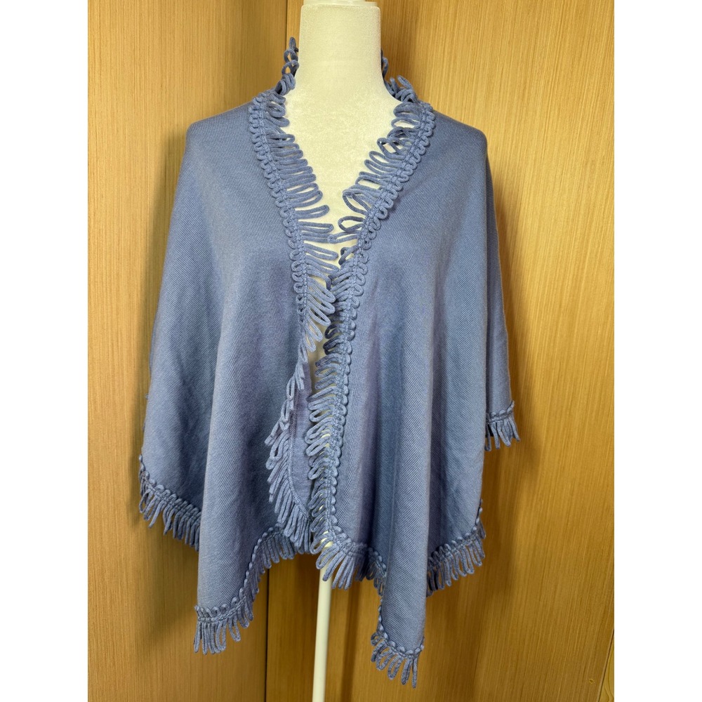 Coldwater Creek Periwinkle Blue Looped Fringe Trim Open Front Poncho Wrap One Sz